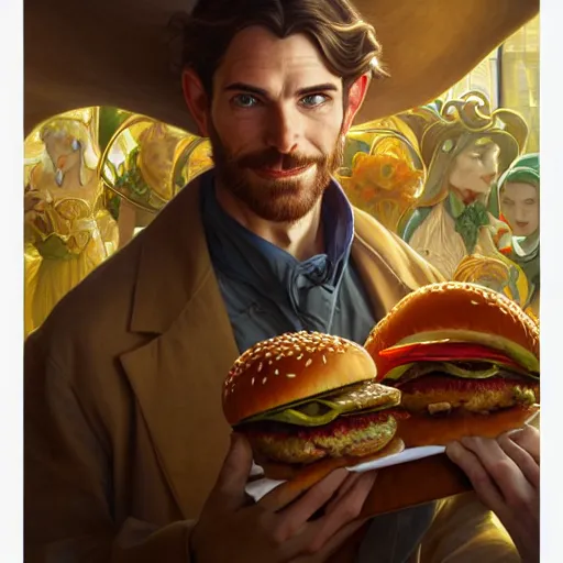 Prompt: portrait of pinocchio eating giant hamburgers, ethereal, handsome, d & d, fantasy, intricate, elegant, highly detailed, digital painting, artstation, concept art, matte, sharp focus, illustration, art by artgerm and greg rutkowski and alphonse mucha