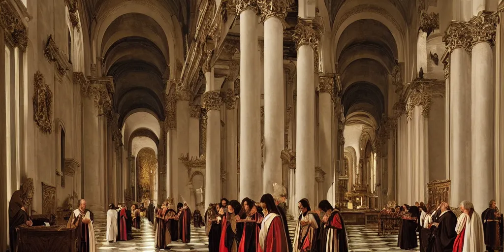 Image similar to beautiful oil matte painting, priests holding a church ceremony inside a baroque cathedral, wonderful masterpiece highly detailed, beautiful cinematic light deep focus, elegant, digital painting, smooth, sharp focus, golden ratio, dramatic illumination, ultra realistic, 8 k, art by giovanni bellini and caravaggio