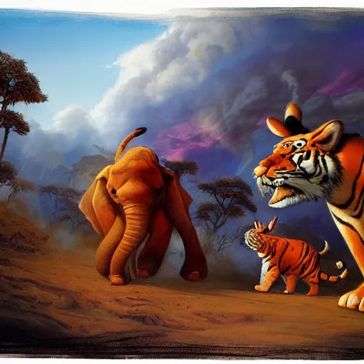 Image similar to tiger, rabbit and elephant running away from a volcano by justin gerard, deviantart