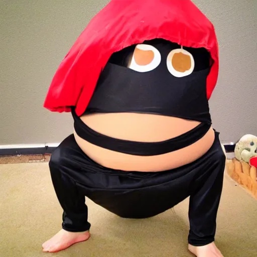 Image similar to a potato dressed as a ninja. the potato is wearing a ninja costume