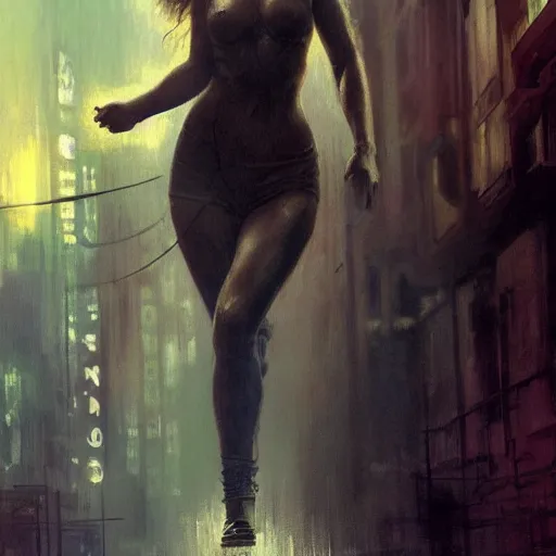 Image similar to jennifer lawrence, hyperrealistic full figure, bladerunner street alley, art of elysium by frank frazetta and by jeremy mann and by alphonse mucha, fantasy art, photo realistic, dynamic lighting, artstation, full figure poster, volumetric lighting, very detailed face, 4 k, award winning