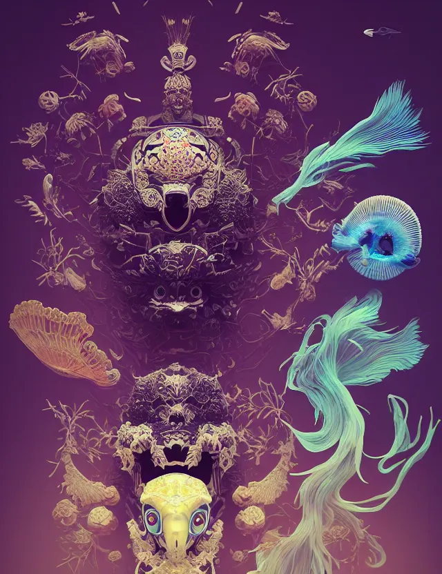 Image similar to 3 d chapel space frontal portrait with ram skull. beautiful intricately detailed japanese crow kitsune mask and clasical japanese kimono. betta fish, jellyfish phoenix, bio luminescent, plasma, ice, water, wind, creature, artwork by tooth wu and wlop and beeple and greg rutkowski