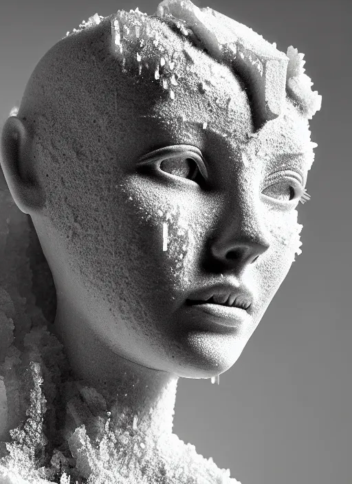 Image similar to a young female cyborg bust made of ice and concrete, dramatic, ilford hp 5, closeup - view, f / 2. 8, high contrast, 1 6 k, fluorescent lamp, contre - jour, insanely detailed and intricate, hypermaximalist, elegant, ornate, hyper realistic, super detailed