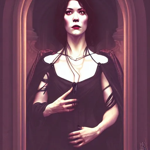 Image similar to a portrait digital painting of mary elizabeth winstead as a vampire in a gothic cathedral at night, gloomy, horror, painted by artgerm and alphonse mucha and ross tran.