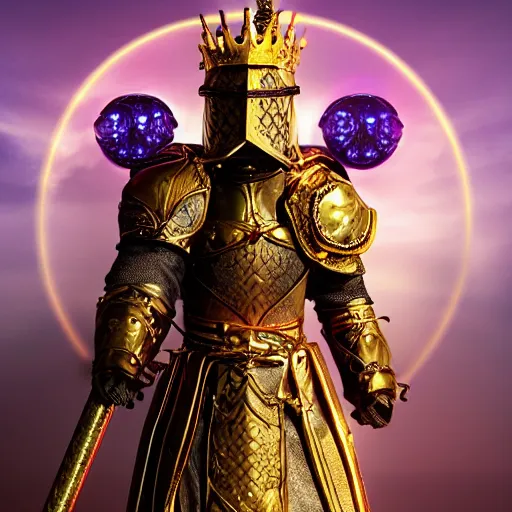 Image similar to a highly detailed knight with glowing purple eyes in a T golden helmet and a golden crown with a blue diamond in the center, golden armor, leather clothes under the armor, leather gloves, holds a black sword, artstation, DeviantArt, professional, octane render, sunset lighting