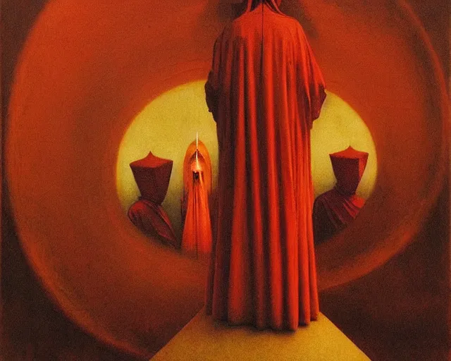 Image similar to devotion to the scarlet woman, priestess in a conical hat, coronation, ritual, sacrament, by francis bacon, beksinski, bosch, mystical redscale photography, opulence, luxury, maximalism.