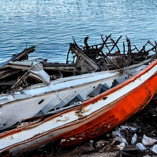 Image similar to incredibly detailed image of wrecked boat on shoreline, backlighting