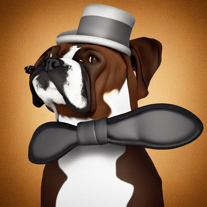 Image similar to 3d render of a boxer dog wearing a top hat and a monocle, blurred background of a fancy house