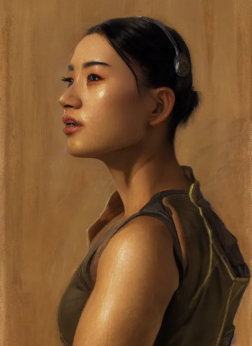 Image similar to Makate. dangerous beautiful cyberpunk female Asian USN marine wearing a military vest and military jumpsuit (cyberpunk 2077, bladerunner 2049). gorgeous face. Iranian orientalist portrait by john william waterhouse and Edwin Longsden Long and Theodore Ralli and Nasreddine Dinet, oil on canvas. Cinematic, hyper realism, realistic proportions, dramatic lighting, high detail 4k