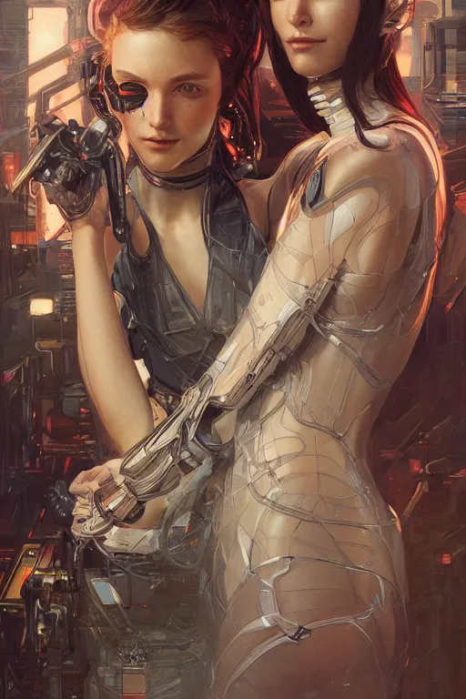 Image similar to ultra realistic illustration, two humanoid beings lovers hacknaut cyberpunk, sci - fi, fantasy, intricate, elegant, highly detailed, digital painting, artstation, concept art, smooth, sharp focus, illustration, art by artgerm and greg rutkowski and alphonse mucha