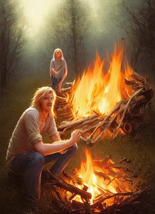 Prompt: highly detailed portrait of long - haired blonde hillbilly around a bonfire with his fluffy australian shepherd, stephen bliss, art by greg rutkowski, loish, rhads, ferdinand knab, makoto shinkai and lois van baarle, artgerm, pixar, ilya kuvshinov, rossdraws, tom bagshaw, global illumination