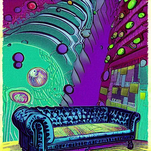 Image similar to couch sofa chesterfield flying through space psychedelic trippy eldritch horror cartoon