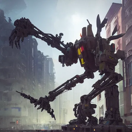 Prompt: six feet tall mech fighting in an urban environment, by gaudi, by ismail inceoglu, octane render, by weta digital, cinematic lighting, bump mapped, lumen reflections, ambient occlusion, action scene screenshot, epic scale, trending on artstation