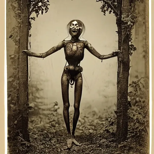 Image similar to 1860 photo of an old freak show body spider-woman, on the middle of a forest, spooky , veins, arteries, intricate, golden ratio, full frame, elegant, highly detailed, ornate, ornament, sculpture, elegant , luxury, beautifully lit, ray trace, 3d, PBR