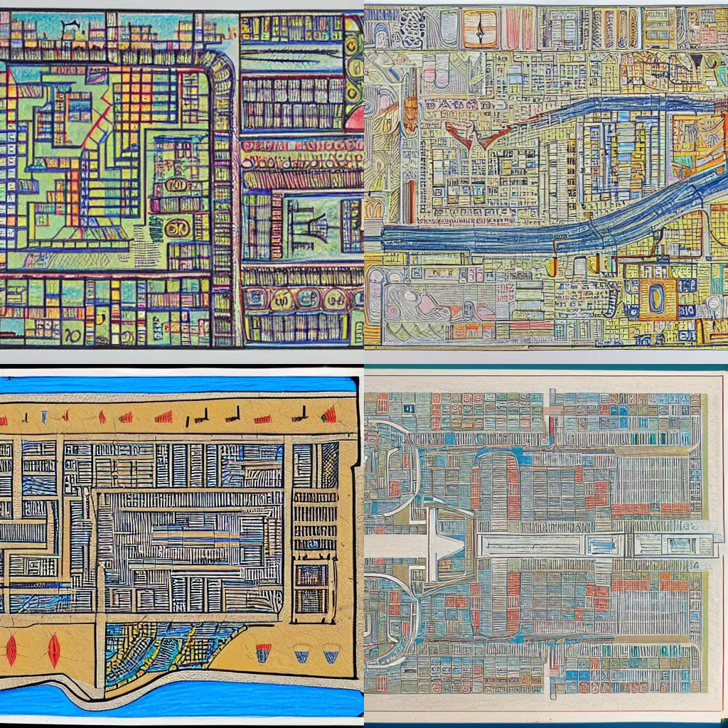 Prompt: city plan, hatching, flexible character code, acoustic information, hieroglyphs, repetition, complex classification system, building plans, scores, circuits, cartography, medium: colored pencil