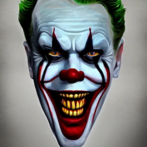 Prompt: pennywise as the joker, artstation hall of fame gallery, editors choice, #1 digital painting of all time, most beautiful image ever created, emotionally evocative, greatest art ever made, lifetime achievement magnum opus masterpiece, the most amazing breathtaking image with the deepest message ever painted, a thing of beauty beyond imagination or words, 4k, highly detailed, cinematic lighting