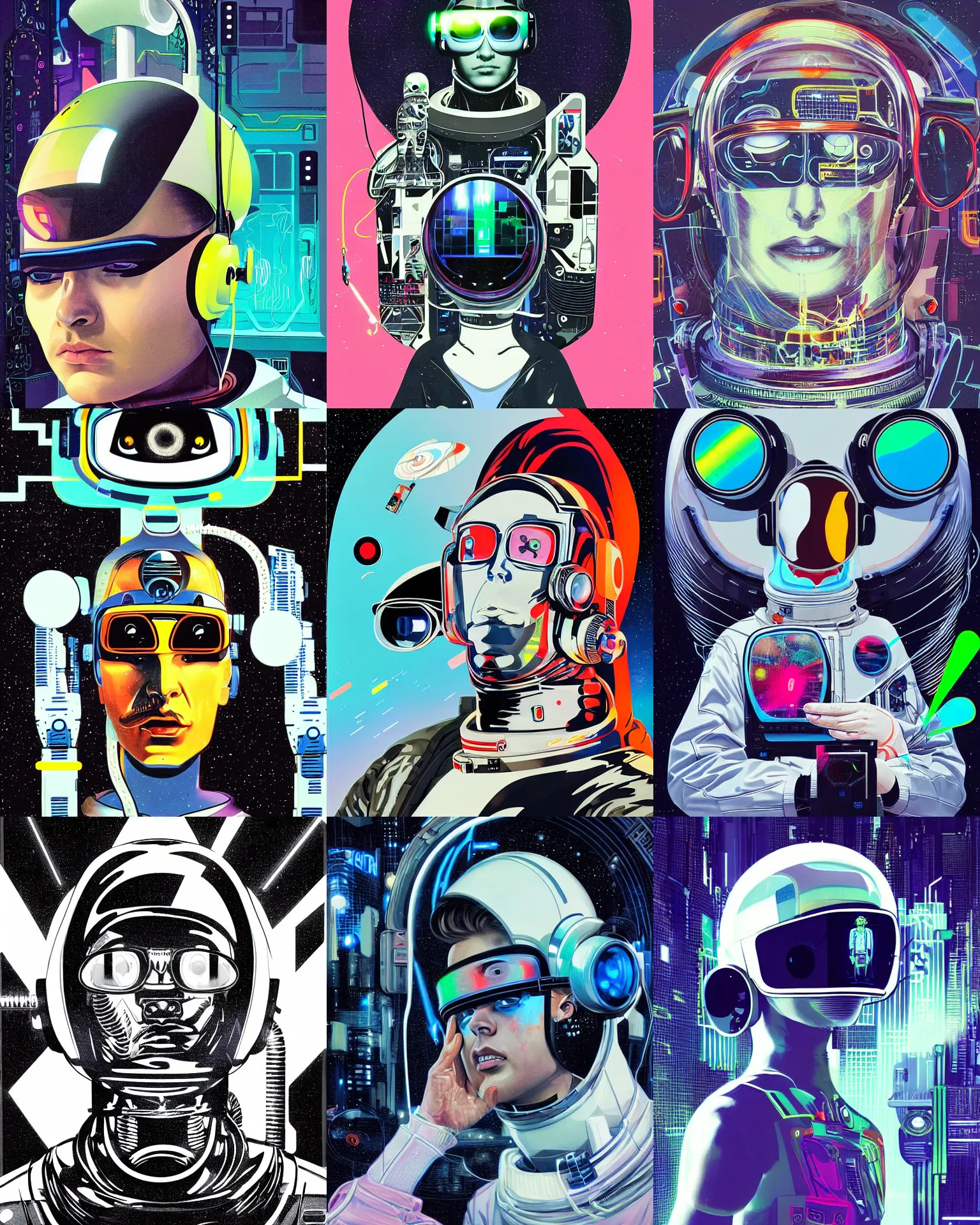 Prompt: future coder man looking on, sleek cyclops display over eyes and sleek bright headphoneset, neon accent lights, desaturated headshot portrait painting by alex grey, aubrey beardsley, tom whalen, john berkey astronaut cyberpunk electric fashion photography