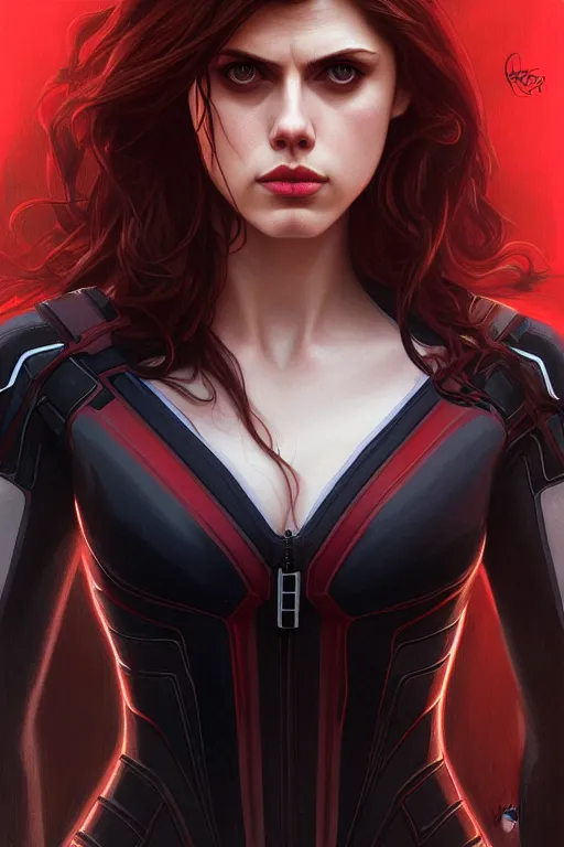 Image similar to alexandra daddario as black widow, realistic portrait, symmetrical, highly detailed, digital painting, artstation, concept art, smooth, sharp focus, illustration, cinematic lighting, art by artgerm and greg rutkowski and alphonse mucha