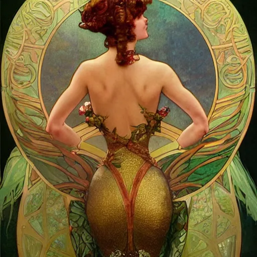 Image similar to full body pose, hyperrealistic oil painting of beautiful starbucks mermaid, dim volumetric lighting, art nouveau, by mucha and elvgren. extremely hyper detailed, intricate, epic composition, cinematic lighting, masterpiece, trending on artstation