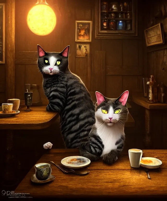 Image similar to hyperrealistic mixed media painting of a creepy smiling cat, dimly lit cozy tavern, leather tunic, confident relaxed pose, d&d, stunning 3d render inspired art by Gerlad Brom and Anna Dittmann + perfect facial symmetry + dim volumetric lighting, 8k octane beautifully detailed render, post-processing, extremely hyperdetailed, intricate, epic composition, grim yet sparkling atmosphere, cinematic lighting + masterpiece, trending on artstation, very very detailed, masterpiece, stunning