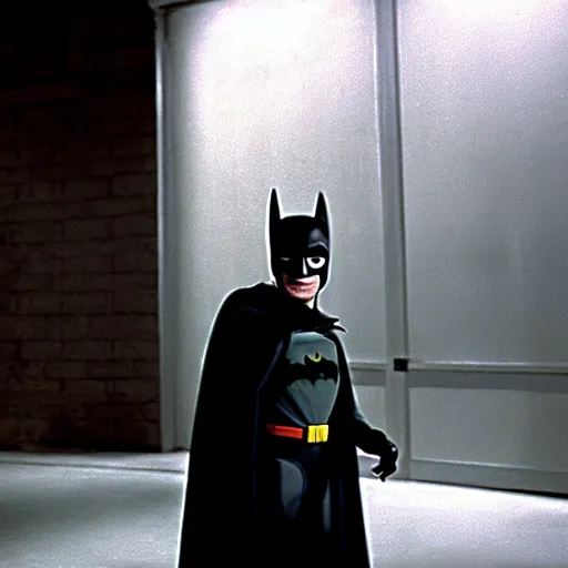 Prompt: mr. bean as batman 1 9 6 6. movie still. cinematic lighting.