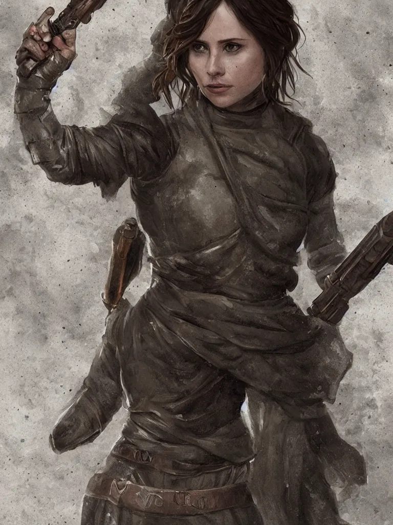 Prompt: portrait of jyn erso as a beautiful medieval goddess in a marble courtyard holding a pistol, decolletage, confident pose, coherent, insane detail, concept art, character concept, cinematic lighting, global illumination radiating a glowing aura