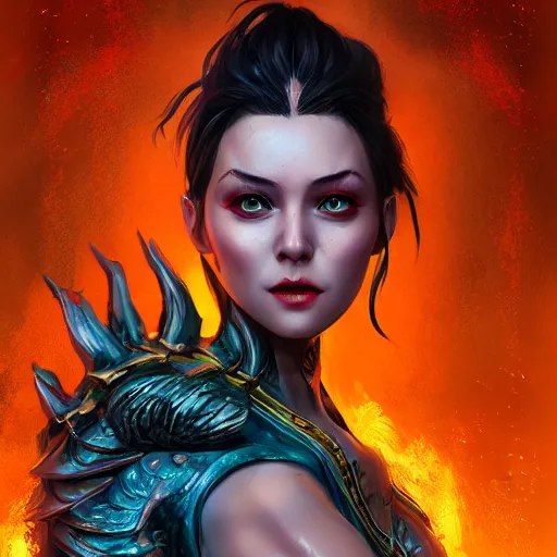 Image similar to A stunning comic book style portrait painting of a dragon goddess, d&d, fisheye lens, unreal 5, DAZ, hyperrealistic, octane render, cosplay, RPG portrait, dynamic lighting,