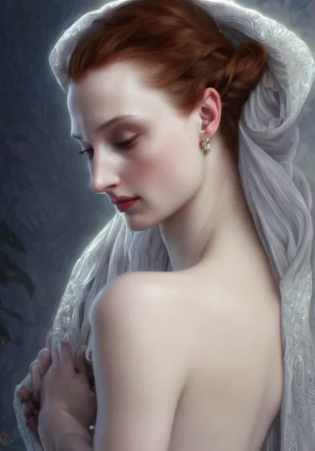 Image similar to sansa angeline jolie gessica chastain white snow skin, intricate, elegant, highly detailed, digital painting, artstation, concept art, smooth, sharp focus, illustration, art by artgerm and greg rutkowski and alphonse mucha and william - adolphe bouguereau