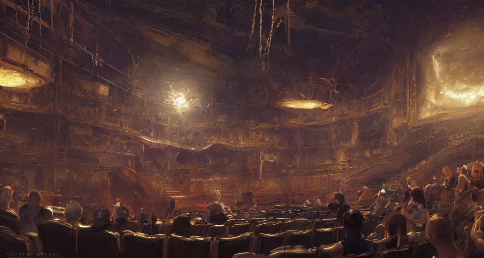 Image similar to craig mullins and ghibli digital art of inside the theater, on the stage, masked female violinists, solo performance ， exotic costumes, gold jewelry, black hair, realistic shading, cinematic composition, realistic render, octane render, detailed textures, photorealistic, wide shot