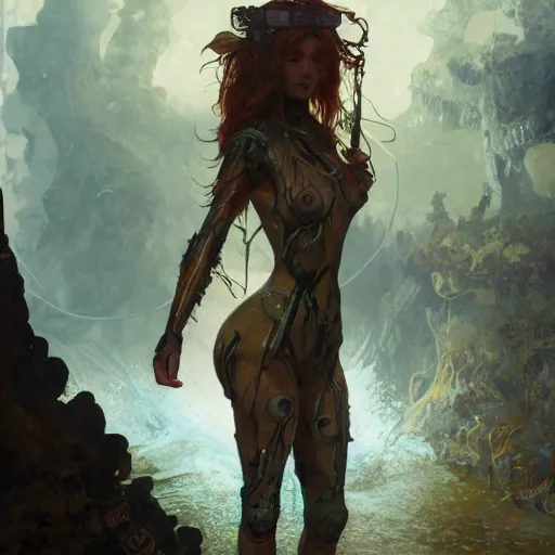 Image similar to a full body portrait of a beautiful teen post apocalyptic offworld neoicelandic biofarmer swimming by the waterfalls, intricate, elegant, highly detailed, digital painting, artstation, concept art, smooth, sharp focus, illustration, art by krenz cushart and artem demura and alphonse mucha