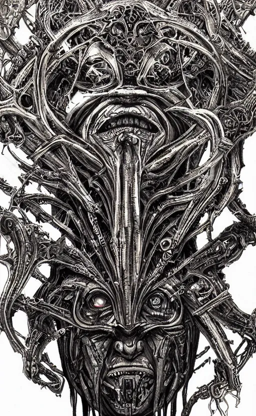 Image similar to H.R. Giger and Elden Ring themed painting of ancient hybrid majestic aztec shaman fantasy cyber human beautiful symmetrical face angry mask closeup face mask tattoo pattern golden ratio concept, deep forest psytrance Neo-Gothic concept, infinity glyph waves, intricate artwork masterpiece, very coherent artwork, cinematic, full frontal facial features by Artgerm, Takato Yamamoto, Zdizslaw Beksinski, Johnatan Wayshak, Moebius, Ayami Kojima, very coherent artwork, trending on cgsociety, ultra high quality model, production quality cinema model, high detail chromatic ink outline, octane render, unreal engine 8k, hyper realism, high detail, octane render, unreal engine, 8k, High contrast