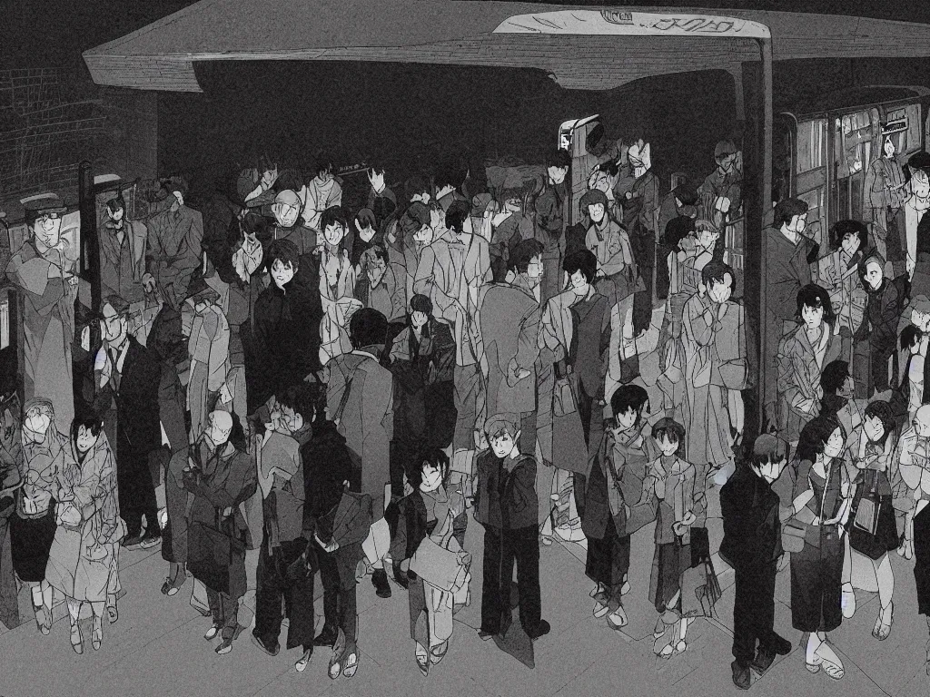 Image similar to few people waiting in a bus stop in dark city night, artwork by satoshi kon