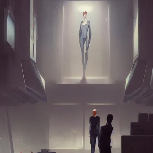 Image similar to scifi art by greg rutkowski, a very tall and slender woman with blond hair, talking to a very tall and slender man with short black hair, brutalist futuristic interior, dark lighting atmosphere, detailed portraits, nostalgic atmosphere, scifi, digital painting, artstation, concept art, smooth, sharp foccus ilustration, artstation hq