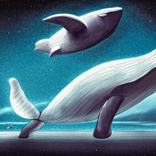 Image similar to a whale alien wistfully watches a spaceship fly away, sci-fi illustration,