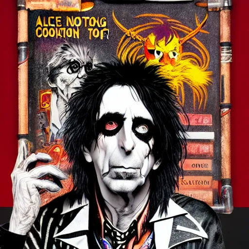 Image similar to graphic illustration, creative design, alice cooper as harry potter, biopunk, francis bacon, highly detailed, hunter s thompson, mixed media