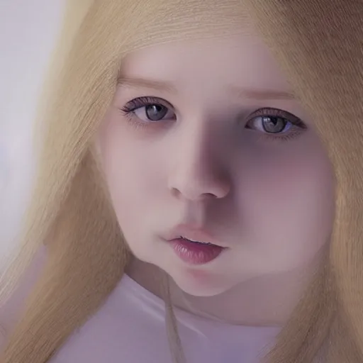 Image similar to young girl with long blonde hair jumped up and froze in the white room, photorealistic