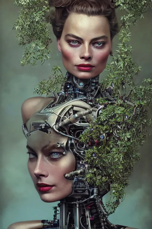 Image similar to a beautiful ultradetailed vintage photo of margot robbie as a cybernetic cyborg, by tom bagshaw and natalie shau, portrait, vignette, 3 5 mm lens, golden ratio composition, detailed faces, studio photography, very detailed, robot overgrown with flowery vines, artstation, 8 k, highly coherent