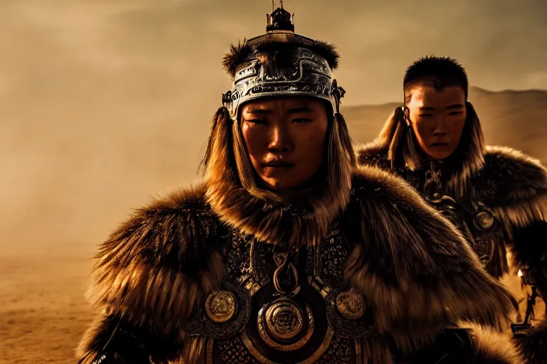 Image similar to vfx film closeup, futuristic mongolian warriors, robot stand - off, flat color profile low - key lighting award winning photography arri alexa cinematography, hyper real photorealistic cinematic, atmospheric cool colorgrade