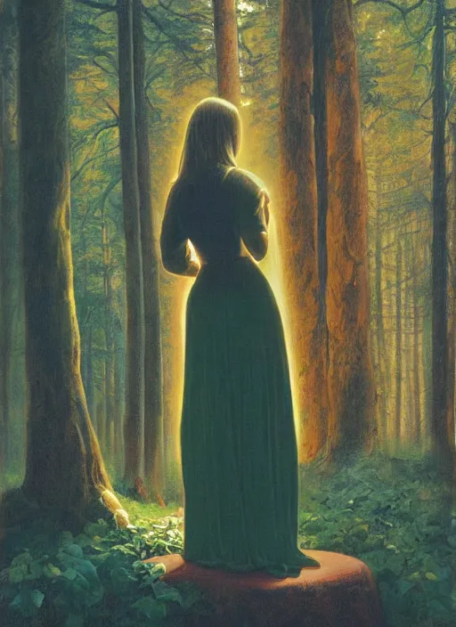 Prompt: single woman praying at a forest alter boris vallejo