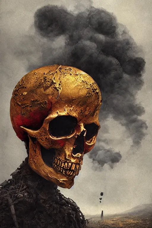 Image similar to immaculate painting of A Beautiful fine detailed gold and red and black huge skull floating in smoke over desolated wastelands, an iIlusion by erik johansson micro detailing