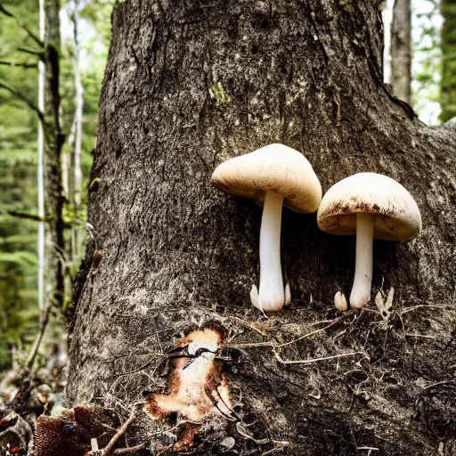 Image similar to mooshrooms growing on a dead tree in the forest, canon eos r 3, f / 1. 4, iso 2 0 0, 1 / 1 6 0 s, 8 k, raw, unedited, symmetrical balance, in - frame,