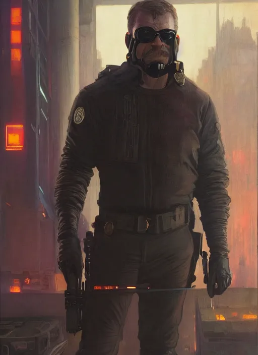 Prompt: Teddy Roosevelt in a stealthsuit. Cyberpunk assassin in tactical gear. blade runner 2049 concept painting. Epic painting by James Gurney, and Alphonso Mucha. ArtstationHQ. painting with Vivid color. (rb6s, Cyberpunk 2077)