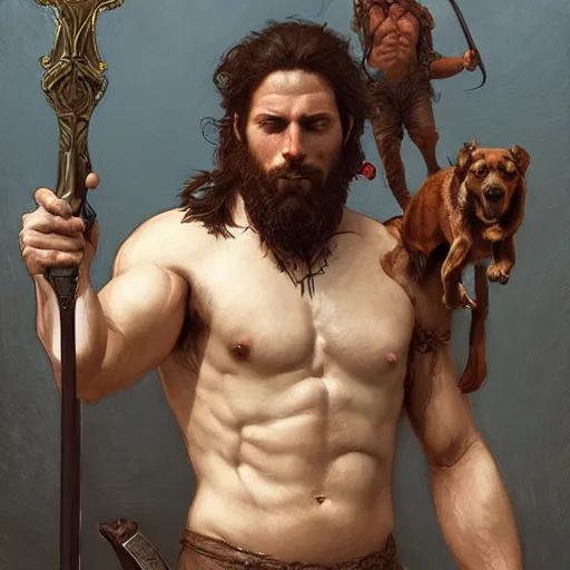 Image similar to portrait of a gruff ranger carrying the holy lance of longinus, Cain, muscular, hairy body, with a dog, intricate, elegant, highly detailed, digital painting, artstation, concept art, matte, sharp focus, illustration, art by Artgerm and Greg Rutkowski and Alphonse Mucha