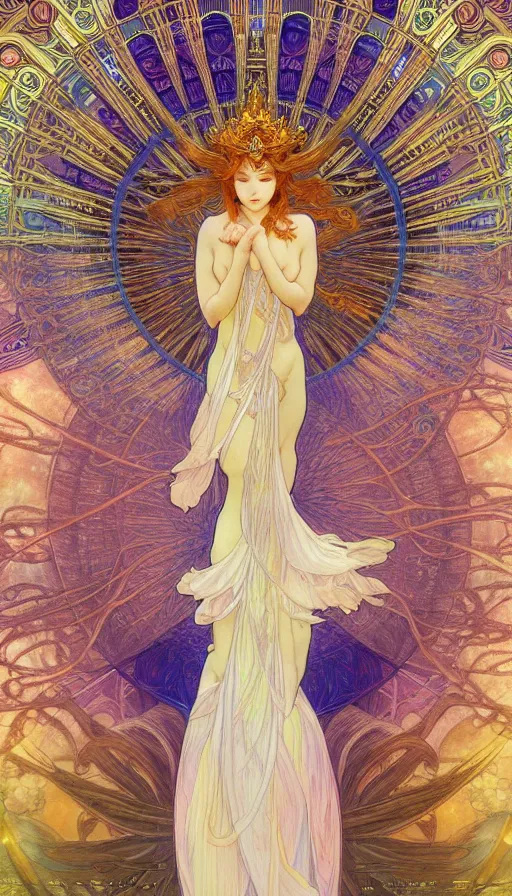 Prompt: goddess angel of tranquility. hyper detailed, character concept, full body, dynamic pose, intricate, lineart, cerpuscular rays, by yoshitaka amano, alfons mucha, 4 k