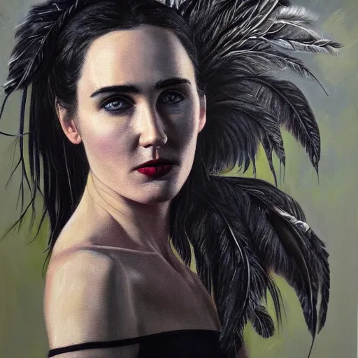 Image similar to detailed realistic oil painting youthful young jennifer connelly with black feathers instead of hair, dark fae, black lips, gray mottled skin, feathers growing out of skin, feathers growing from arms, black hands with long black claws, pale and sickly, profile view, full body, gothic, - - ar 9 : 1 6