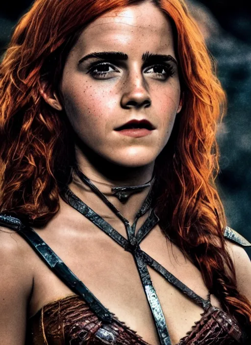 Image similar to photography emma watson as red sonja cinematic