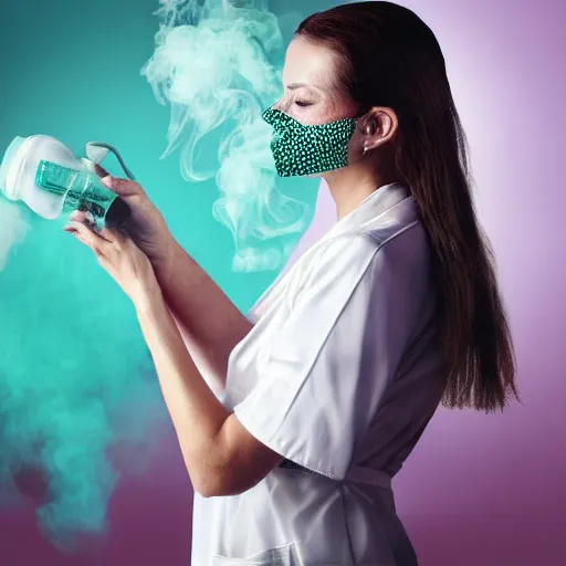 Prompt: woman in hospital room. Holding bottle made of skull. Poisonous green smoke comes out of a botlle forming dancing skeletons to the air. Woman is wearing white toga made of silk. Glamour photograph. Digital painting - h 768