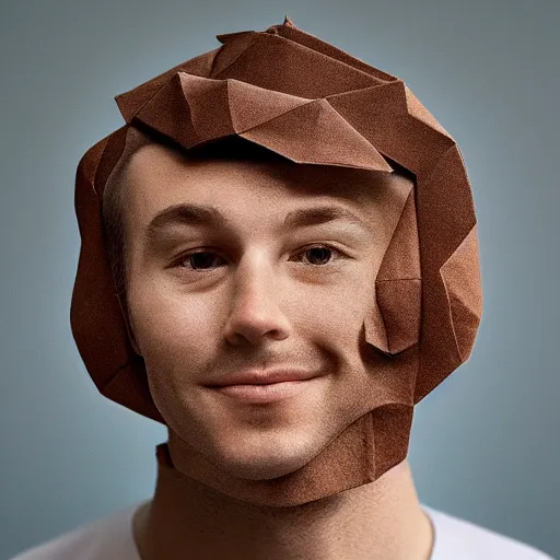 Image similar to an origami portrait of a caucasian man with wavey short hair, made from paper, friedly smile, raised eyebrows, great composition, ambient light