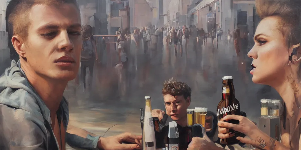 Image similar to beautiful oil matte portrait painting, 8 0 s punks sitting on the berlin wall drinking bottles of beer, boombox on the side, wonderful masterpiece highly detailed, beautiful cinematic light deep focus, elegant, digital painting, smooth, sharp focus, golden ratio, dramatic illumination, ultra realistic, 8 k, art by jimmy law