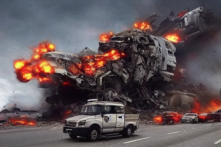 Image similar to a giant truck, transforming into a war machine on a destroyed highway. special effects, highly detailed, filmic. michael bay.